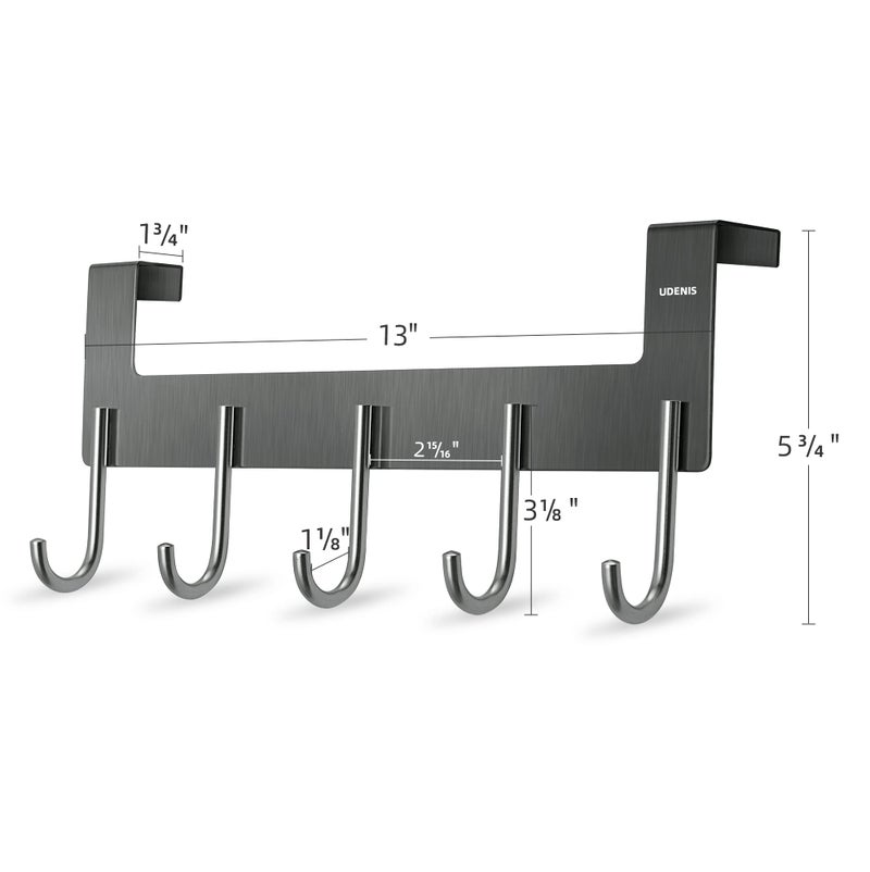 UDENIS Over Door Hanger, Metal Over The Door Hook Rack with 5 Hooks, Towel Rails for Hanging Towel Robe Coat Bathroom Bedroom Grey - Image 2